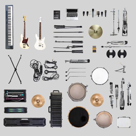 Music band equipment set. Top view. Isolated on grey background.