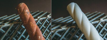 Steel tube before and after sandblasting. Preparation for painting