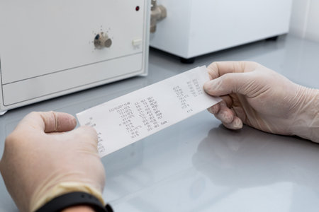 Diagnosis in hematology and hematological blood tests concept photo. Doctor holds in his hand result of blood test and indicates the parameters and performance analysisの写真素材