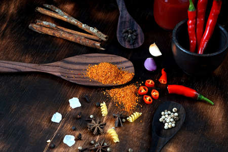 red chili and tomato, salt, garlic, rosemary on a dark wooden background; ingredients for cooking; cover cookbook; asian cuisine, free space for textの写真素材