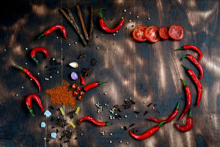red chili and tomato, salt, garlic, rosemary on a dark wooden background; ingredients for cooking; cover cookbook; asian cuisine, free space for textの写真素材