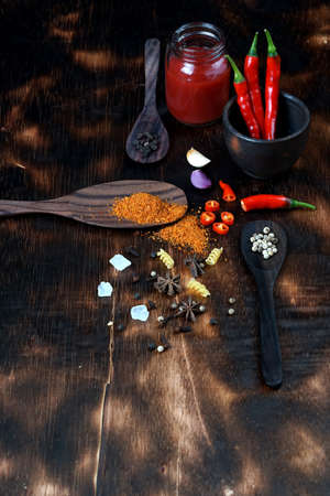 red chili and tomato, salt, garlic, rosemary on a dark wooden background; ingredients for cooking; cover cookbook; asian cuisine, free space for textの写真素材