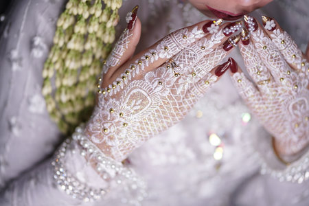 traditional wedding, bridal showing henna design and hand jewelleryの写真素材