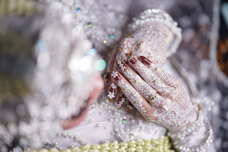 traditional wedding, bridal showing henna design and hand jewelleryの写真素材