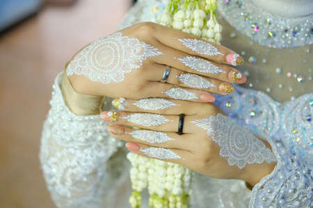 traditional wedding, bridal showing henna design and hand jewelleryの写真素材