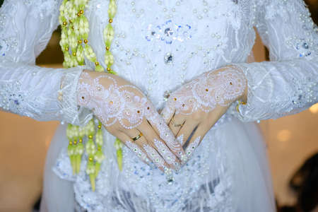 traditional wedding, bridal showing henna design and hand jewelleryの写真素材