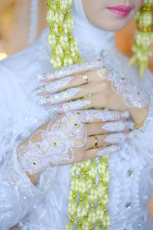 traditional wedding, bridal showing henna design and hand jewelleryの写真素材