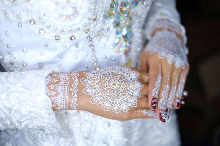 traditional wedding, bridal showing henna design and hand jewelleryの写真素材