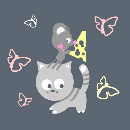 kitten and mouse play togetherのイラスト素材