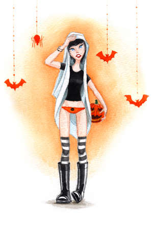 Watercolor Halloween Girl with Pumpkin の写真素材