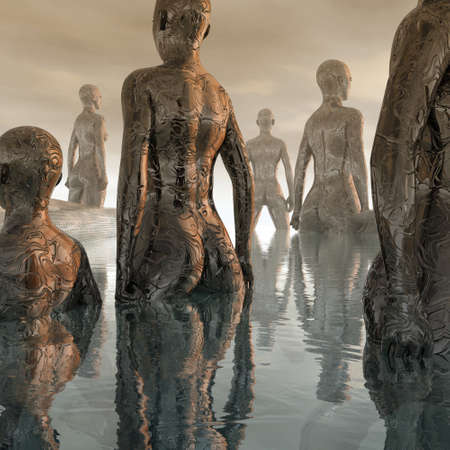 Six Bathers standing together in the waterの写真素材