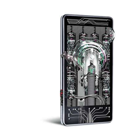 A mechanical Smartphone with various technical componentsの写真素材