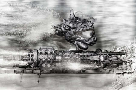 Intrepid inventor flies against the wallの写真素材