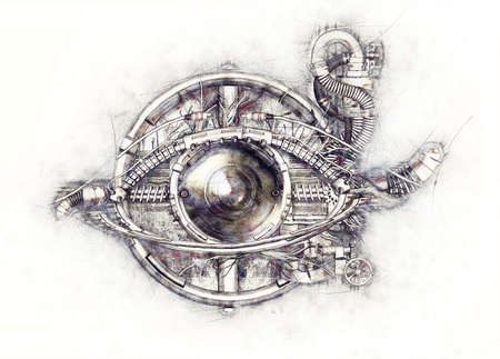 Sketch of a technical-mechanical eye, 3D Illustrationの写真素材