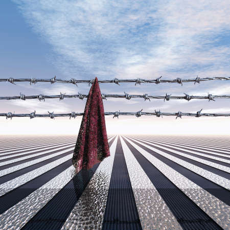 Closed frontier with barbed wire and cloth, 3D Illustrationの写真素材