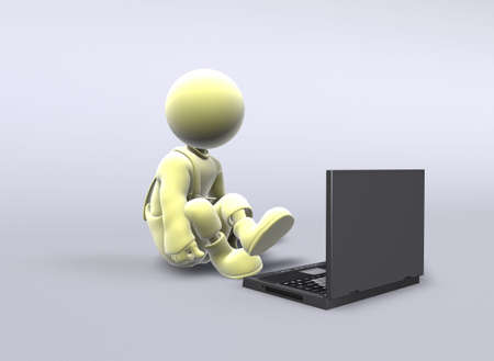 3D figure sits in front of the laptopの写真素材