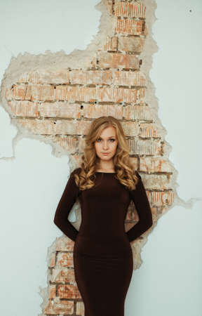 young woman in a beautiful dress standing on a brick wall background, young woman standing against the wall, the girl in a beautiful dress standing on the brick wall background.の写真素材