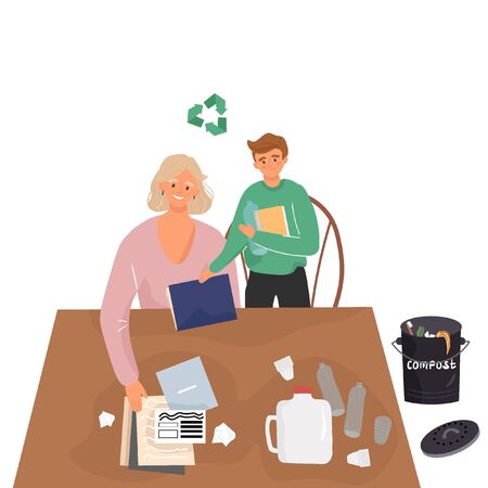 Cute vector mom and son who sort the waste to take it to recycling. Separation of waste into fractions: paper, plastic and compost. Flat cartoon vector illustration. Zero waste.のイラスト素材