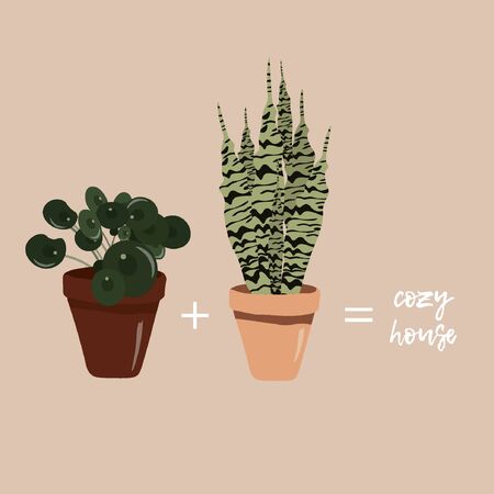 Greeting card on the theme of home plants and comfortのイラスト素材