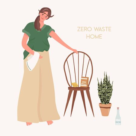 Zero waste home. Eco-friendly and easy to clean. Homemade cleaning products. Vinegar, lemon and soda in the cleaning. Nice vector flat illustration in cartoon style.のイラスト素材