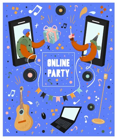 Happy birthday. Online celebration. Online party. Online festival. Holidays in the period of self-isolation. Bright vector flat holiday poster.のイラスト素材