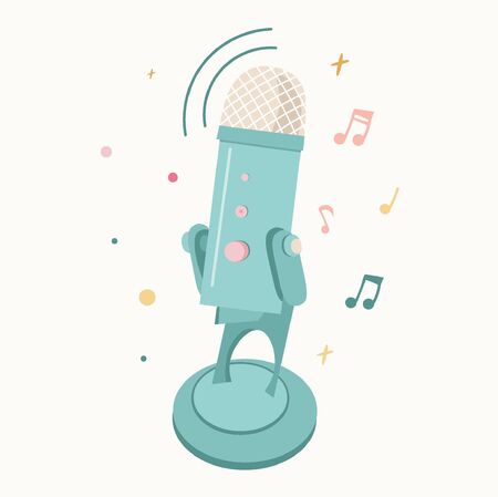 Nice vector flat microphone. Microphone for stream, podcast, songs. Illustration for media, radio hosting and podcasts.のイラスト素材