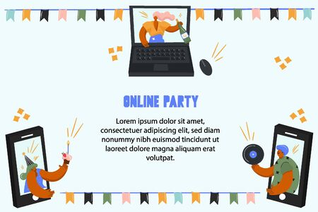 Happy birthday. Online celebration color banner vector template. Online party. Online festival. Holidays in the period of self-isolation. Bright vector flat holiday background for text.のイラスト素材