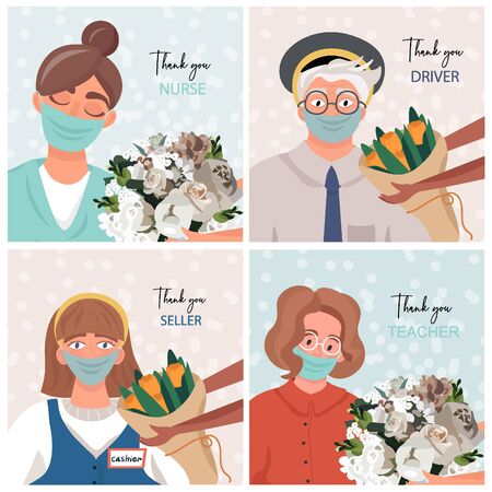 Set of nice vector cards with thanks for fighting pandemic. Thank you nurse, driver, teacher, seller and cashiers. People who work in period coronavirus pandemic.のイラスト素材