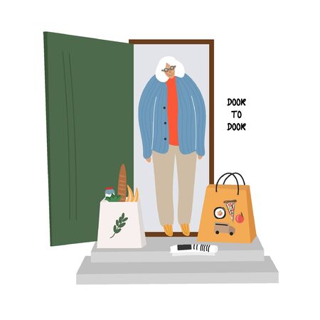 Calm flat vector illustration with grandmother who delivered food contactlessly. Help for the elderly. Self isolation.のイラスト素材