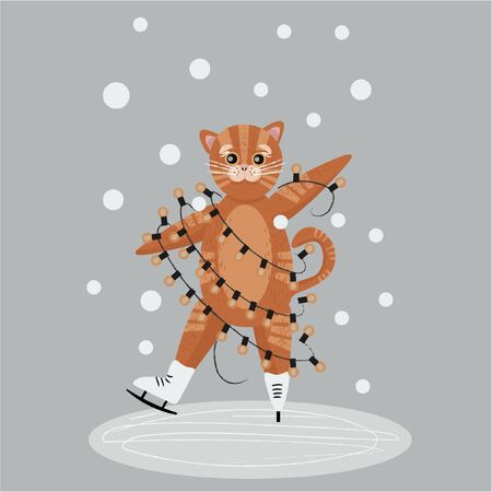 Winter illustration with cat and garlandのイラスト素材