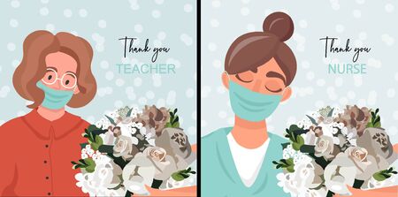 Set of nice vector card with thanks for fighting pandemic. Thank you teacher. Thank you nurse.のイラスト素材