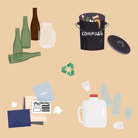 Recyclable materials and recycling icon. Separation of waste into fractions: paper, plastic and compost. 
のイラスト素材
