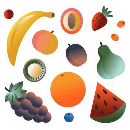 Nice vector set of colorful summer fruits and berries. Bright vector fruits with gradient for the design of posters, cards and stickers.のイラスト素材