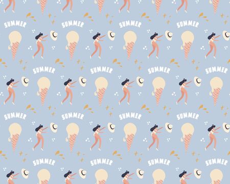 Summer flat vector seamless pattern. Funny pattern with girl and ice cream.のイラスト素材