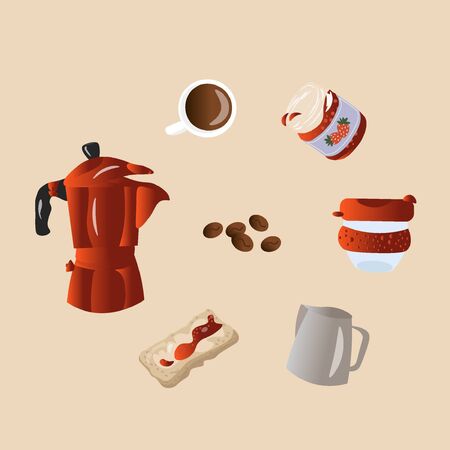 Set of trending vector elements with gradient for coffee shop and cafe menu. Geyser coffee maker and toast with jam. Coffee break.のイラスト素材