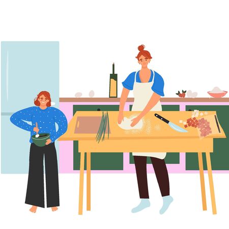 Family cooking. Mom prepares food with her teenage daughter. Flat cartoon vector illustration. のイラスト素材