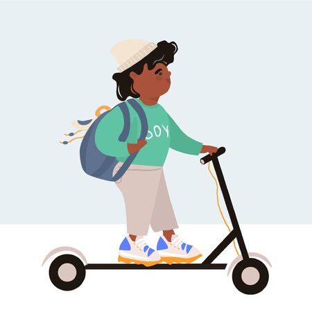 International Children's Day. Modern children. Afro american boy in trendy clothes with a backpack rides an electric scooter. Bright vector flat illustration in cartoon style.のイラスト素材
