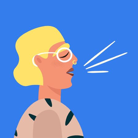 Trendy woman with piercings and glasses gives a speech. Funny vector flat cartoon character for cover, podcast, flyer, magazine or poster.のイラスト素材