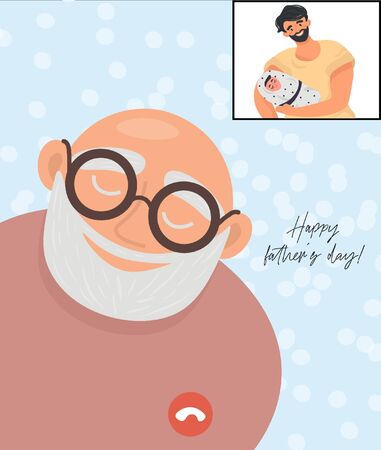 Happy father's day! An adult son makes a video call to his elderly father and shows his newborn grandson. Nice vector flat card for father's day in cartoon style.のイラスト素材