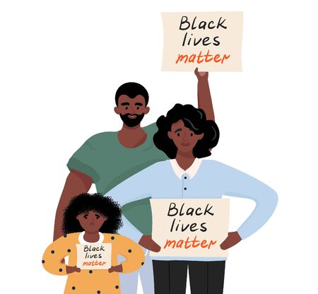 Black lives matter. Sad african american family protesting against racism and police abuse with a banner in her hands. Vector flat illustration for the movement against racism in the police.のイラスト素材