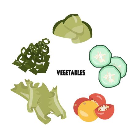 Vegetables concept. Cute vector flat illustration with chives, salad, cherry tomatoes, cucumber slices, avocado in cartoon style.のイラスト素材