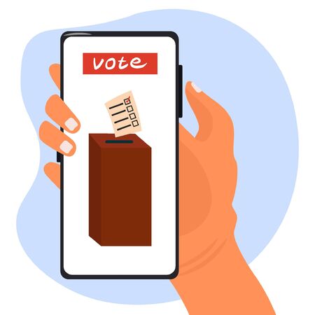 Electronic voting, remote voting through the government services application. Online elections. Vector flat illustration with a smartphone in the hand of a girl who puts her vote in election boxのイラスト素材