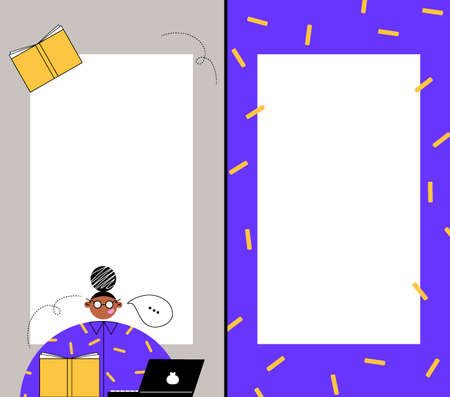 E-learning. Bright cover designs in cartoon style for brochures, stories, applications. Vector flat set of cover designs with student girl, laptop and book. Set of backgrounds with place for text.のイラスト素材
