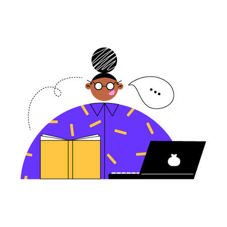 Online education. Distance education, e-learning during a pandemic. Flat vector funny girl student reading a book and studying at home using a laptop. Nice vector bright illustration in cartoon style.のイラスト素材