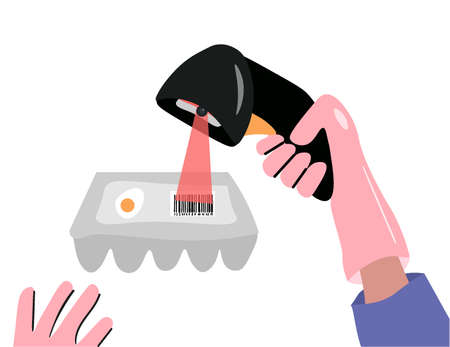 Barcode scanner in a supermarket. Safety requirements for stores during a pandemic. A gloved seller scans a barcode of eggs at the checkout. Nice vector flat illustration in cartoon style.のイラスト素材