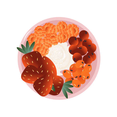 Healthy food vector concept in cartoon style. A healthy and vitamin poke bowl made from yogurt, fresh berries of strawberries, cloudberries, sea buckthorn, cranberries. Berry bowl on white backgroundのイラスト素材
