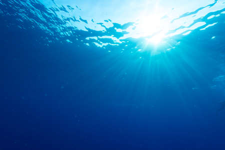 Rays of sunlight shining into sea, underwater viewの写真素材