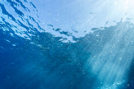 Rays of sunlight shining into sea, underwater viewの写真素材