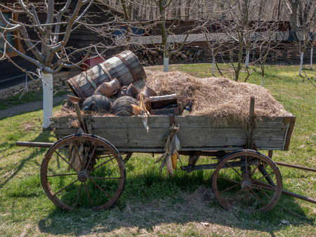 A wooden cart with hay, a barrel, jugs and bottles of wine stands in the garden.