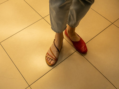 In a women's shoe store, a girl chooses and tries on beautiful and comfortable summer shoes. Close-up.の写真素材